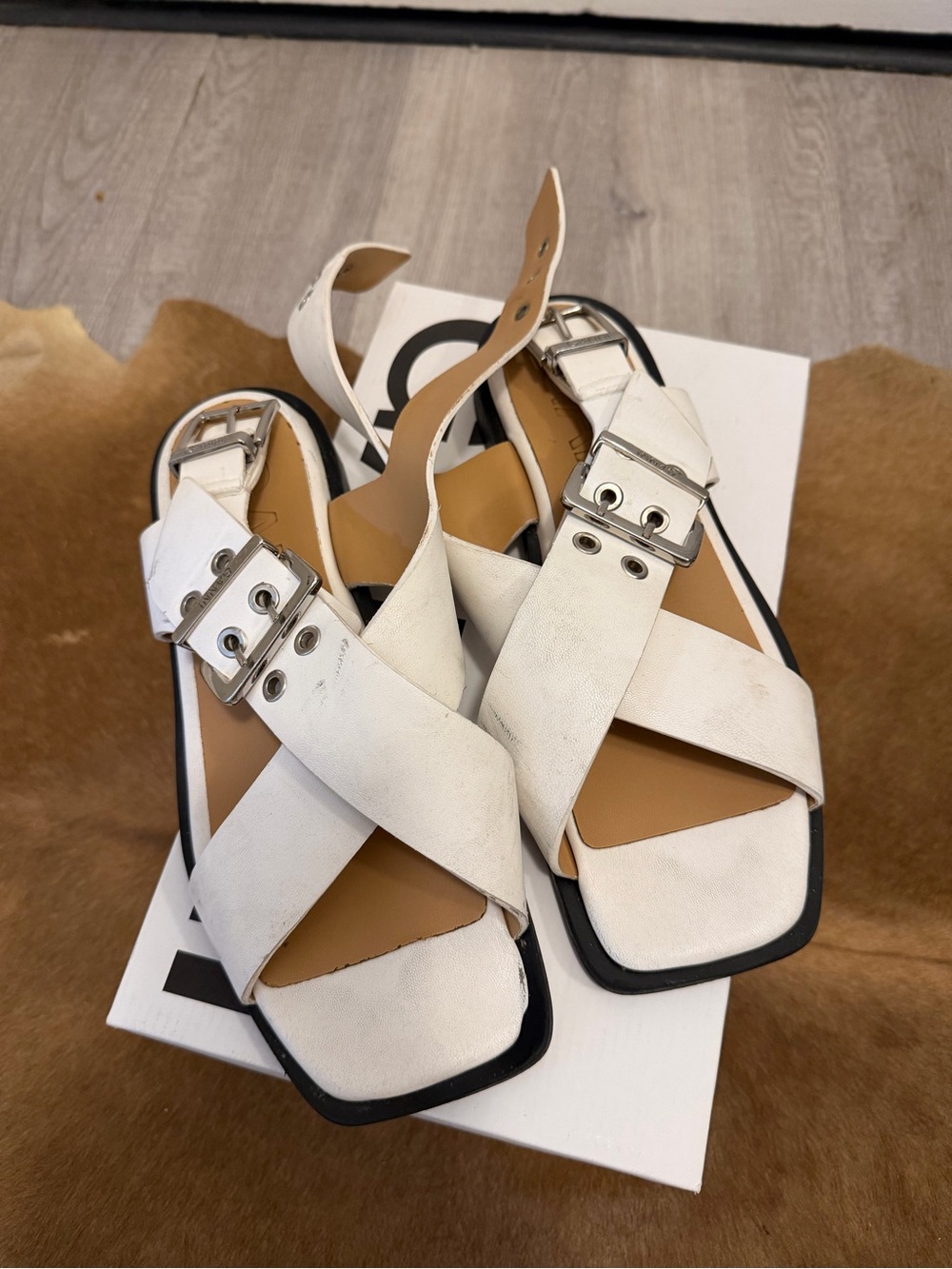 Ganni White Crisscross Buckle Sandals with Silver Hardware